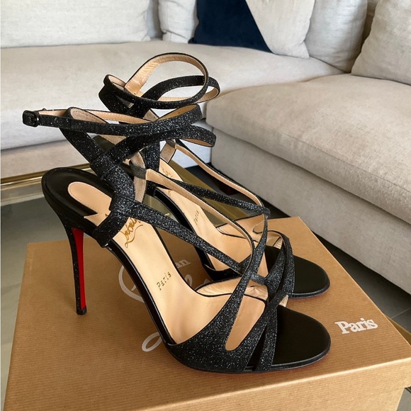 Authentic Christian Louboutin Audrey Strappy Black Glitter Sandal, size 39.5 - Picture 3 of 9